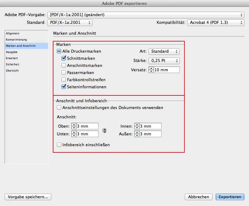 InDesign Marken und Anschnitt