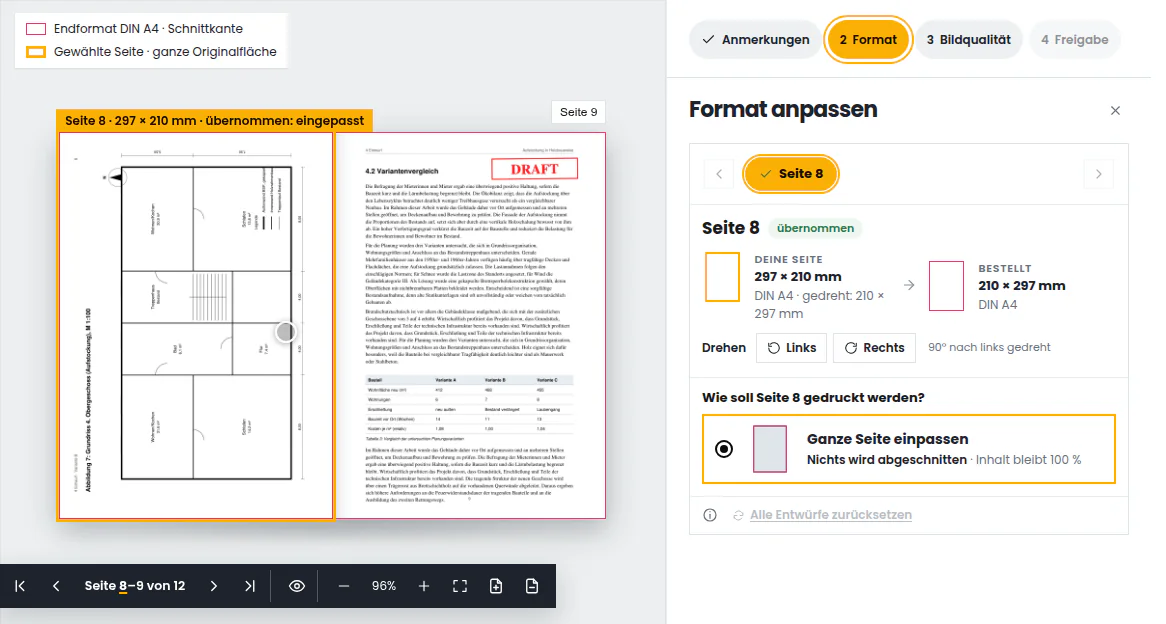 Druckdatencheck im Schritt Format: Buchansicht mit einer um 90° gedrehten Querformatseite, rechts das Bedienfeld zum Drehen und Einpassen der Seite