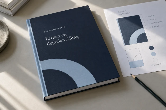 Dunkelblaues Bachelorarbeits-Cover mit heller Schrift und hellblauer Fläche neben einer Entwurfsskizze