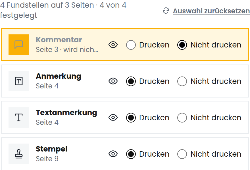 Fundstellen und die Auswahl Drucken oder Nicht drucken im Reiter Anmerkungen
