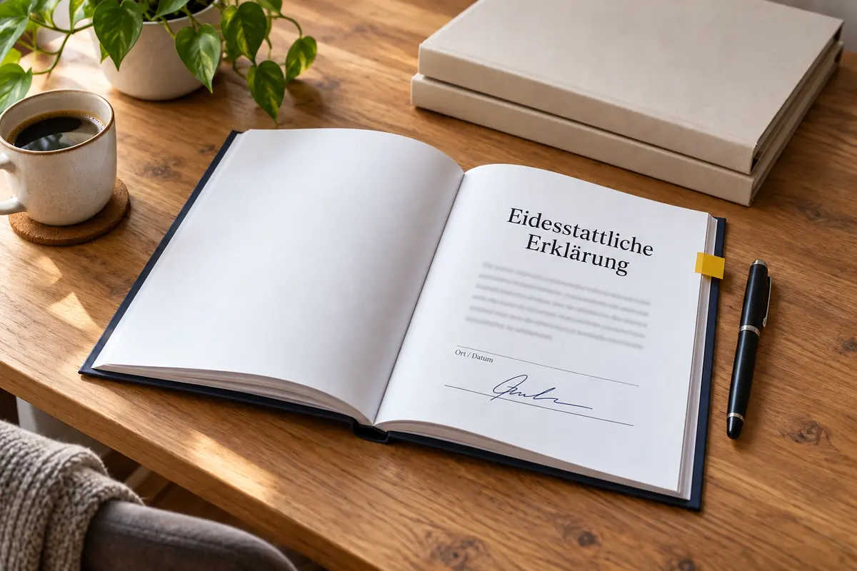 Aufgeschlagenes Hardcover mit der Überschrift Eidesstattliche Erklärung, unscharfen Textzeilen und Unterschrift auf der rechten Buchseite