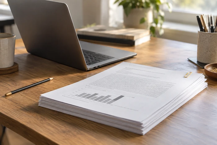 Laptop und ausgedruckte wissenschaftliche Seiten als Themenmotiv für den Word-PDF-Export